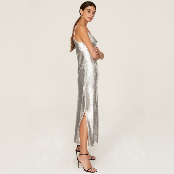 All Saints Hadley Silver Sequined Cowl Neck Sleeveless Slip Dress Size 6 - Picture 3 of 11